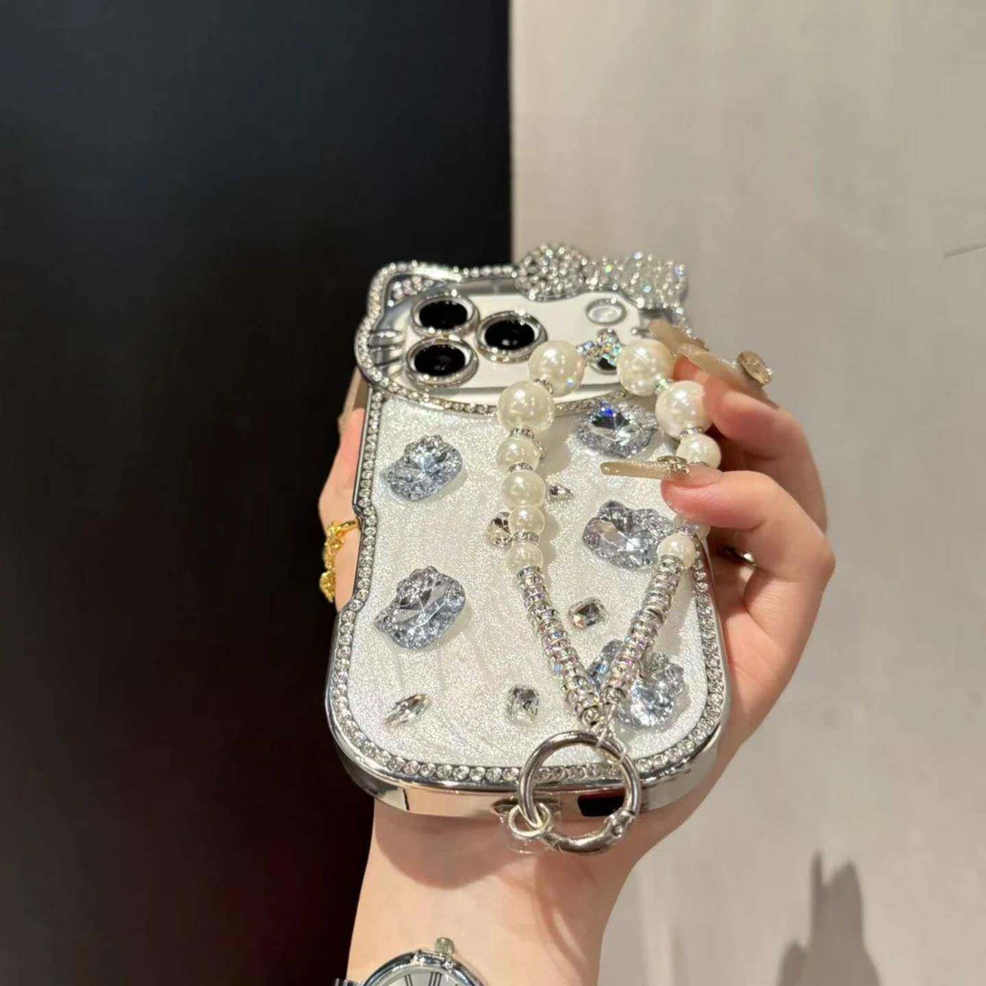 Crystal Kitty Diamond Case with Pearl Bracelet Strap