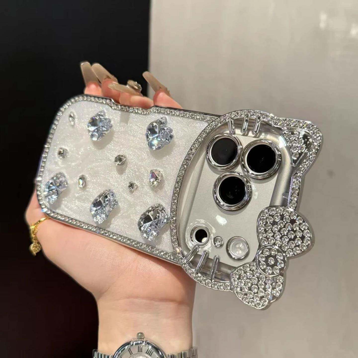 Crystal Kitty Diamond Case with Pearl Bracelet Strap