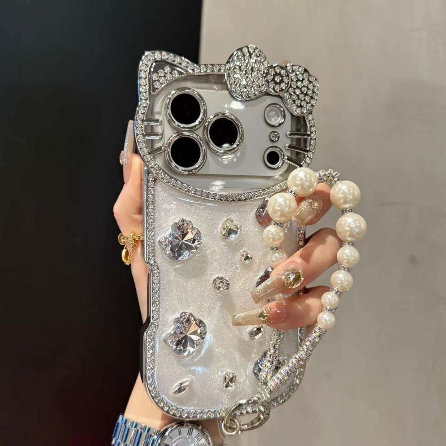 Crystal Kitty Diamond Case with Pearl Bracelet Strap